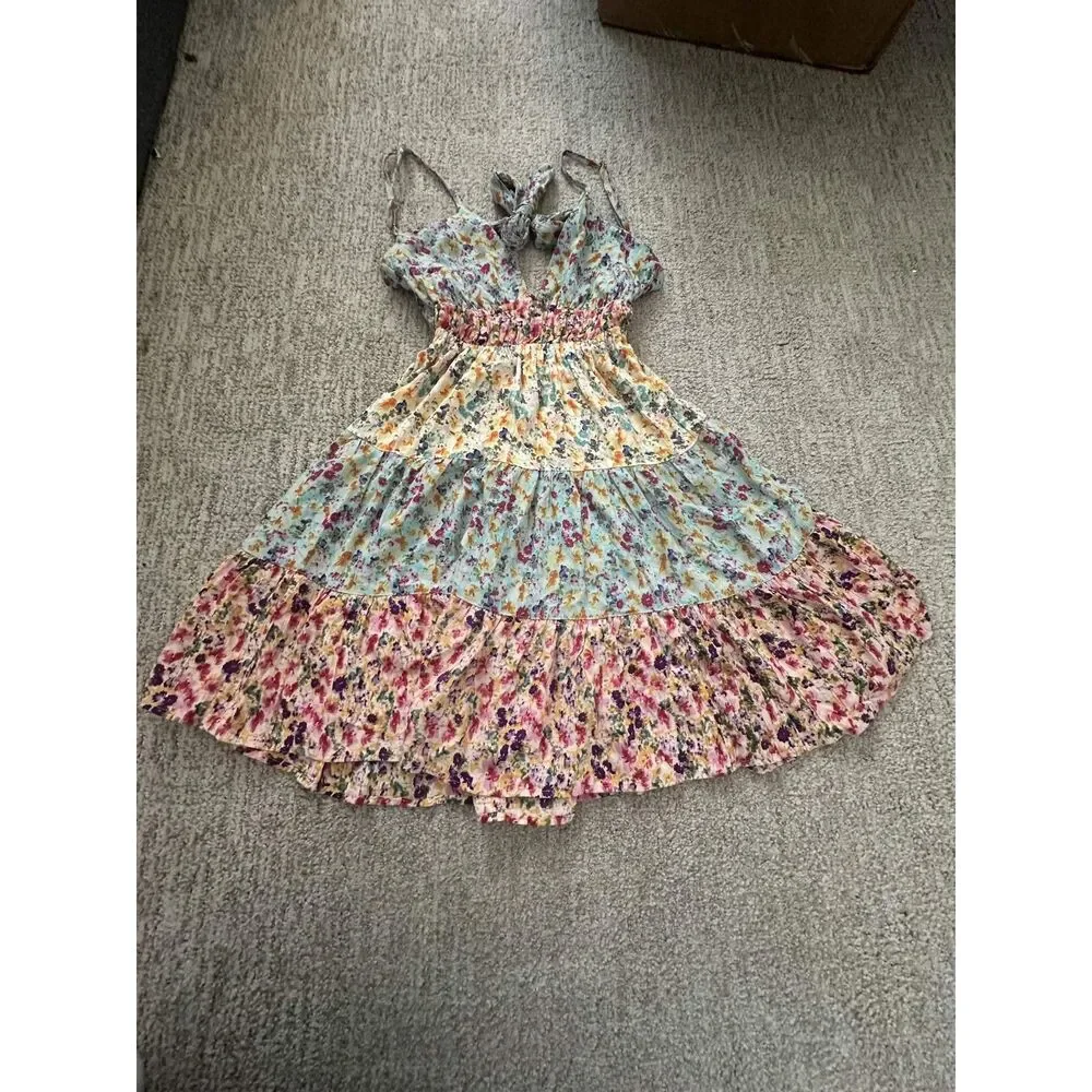 Angie Floral Tiered Mini Dress Boho Tie Back Spaghetti Strap Cottagecore Size S - Picture 7 of 9